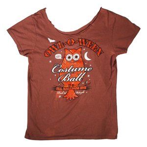 Owl-o-Ween T-shirt, Ladies size Medium, Brown, Orange Glitter, Halloween Graphic